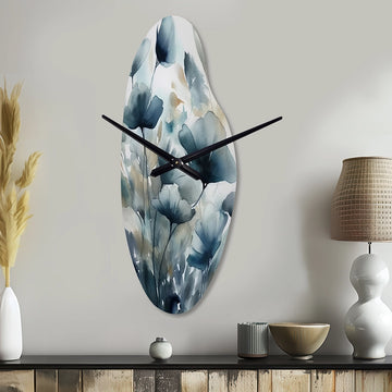 Blue Leaf Foliage And Flowers III - Asymmetric Metal Wall Clock